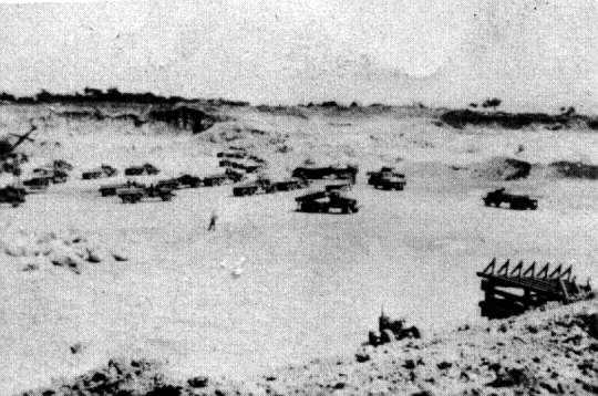 Picture of a sand quarry on the island of Ie Shima in WW2 near Okinawa, 1945