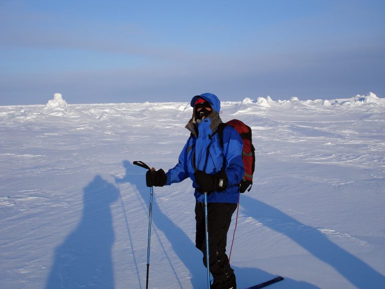 Ski mask and other equipment prevent frostbite on the north pole.