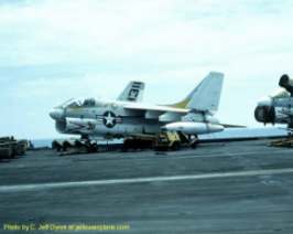 an A-7 Corsair II light attack bomber VA-192 on the USS Kitty Hawk