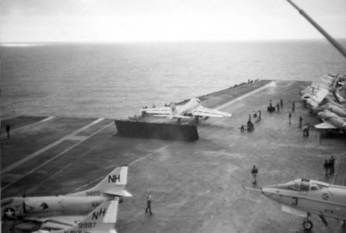 This Grumman A-6 Intruder is sitting on the cats, the Blast Deflector is up