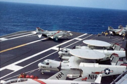 A F-4B Phantom from VF-114 the Flying Aardvarks lands on the USS Kitty Hawk